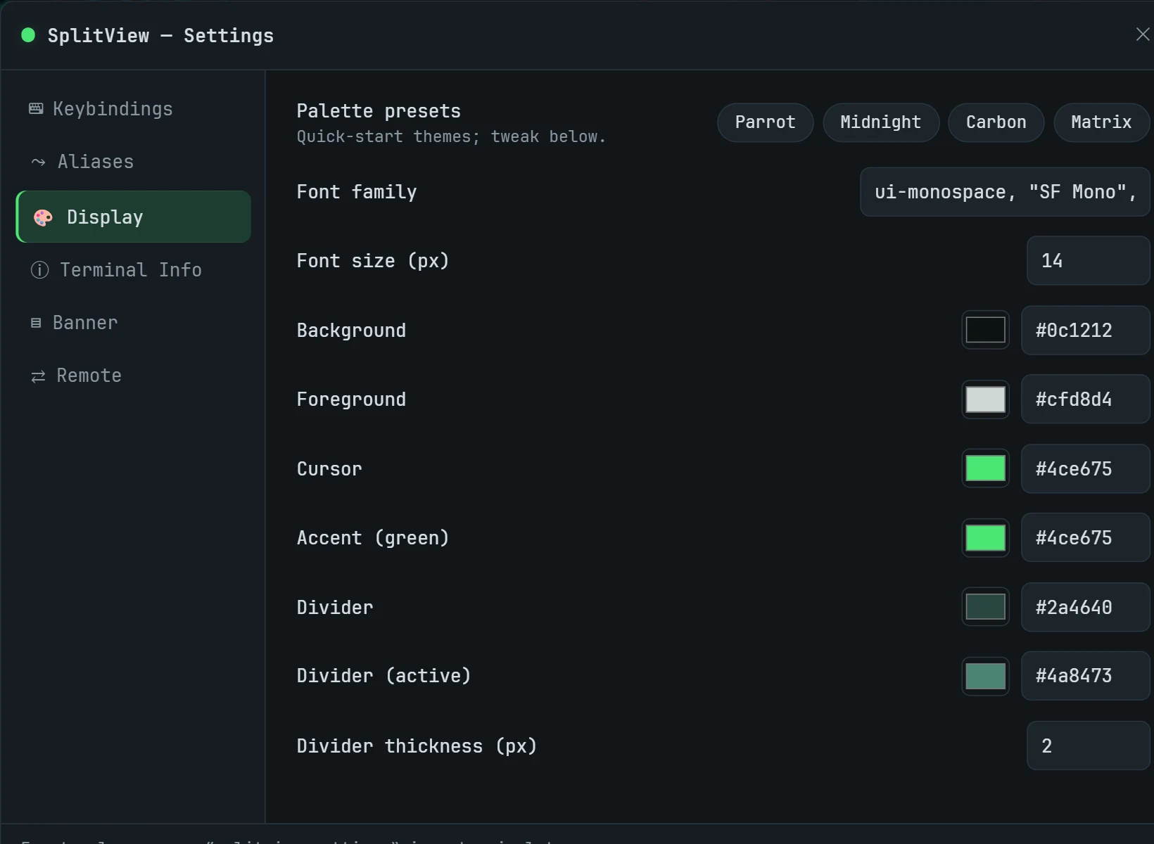 The Display settings panel with palette presets, font options, colors and divider thickness.