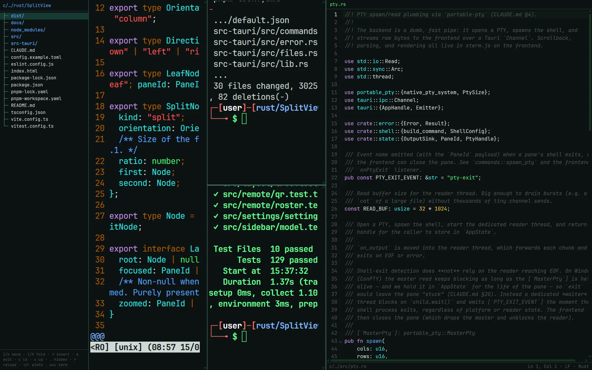 The code editor docked on the right showing pty.rs, with the file sidebar and terminal panes to its left.