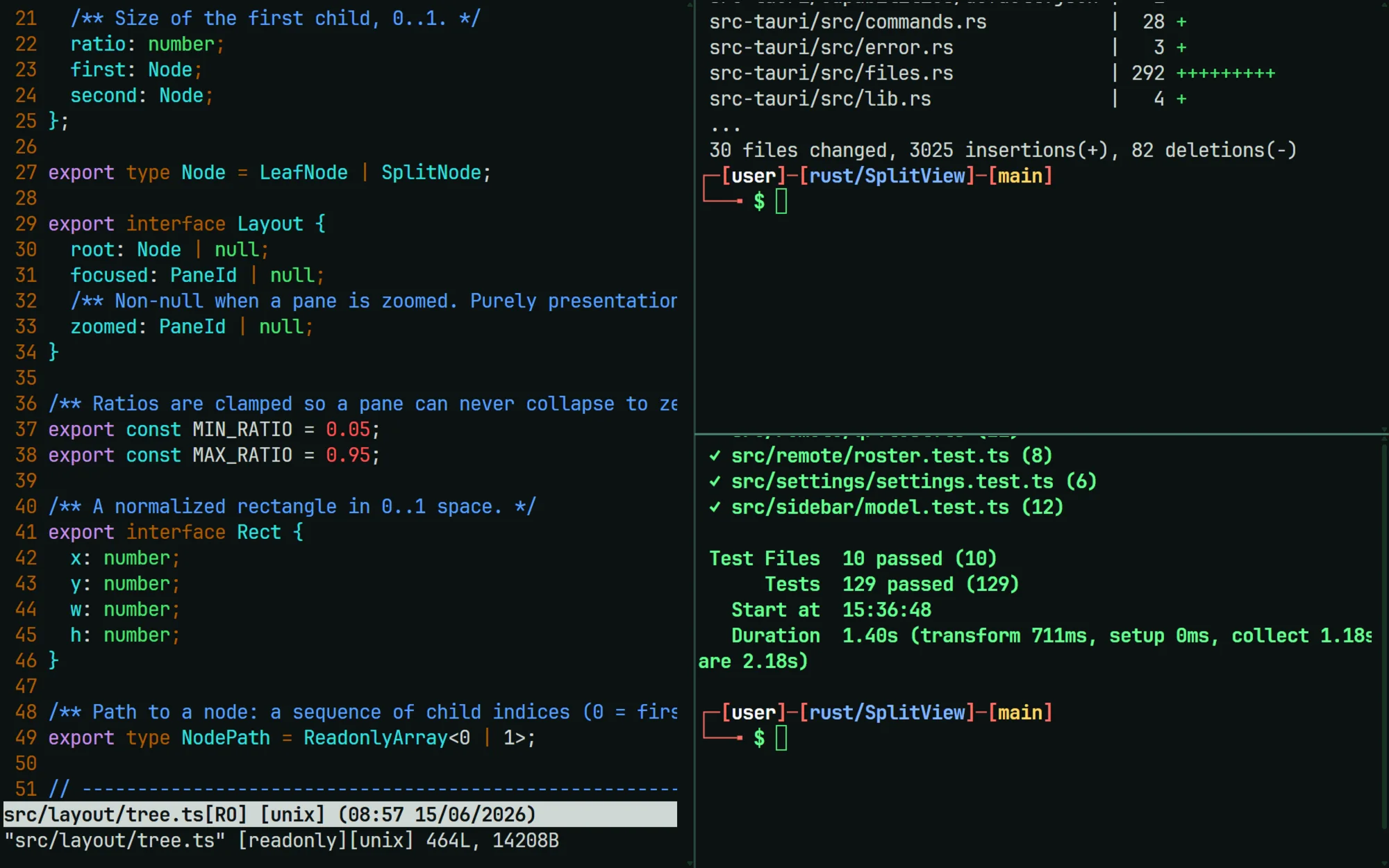 SplitView with three panes: vim on the left, a git commit summary at top right and a passing test run at bottom right.