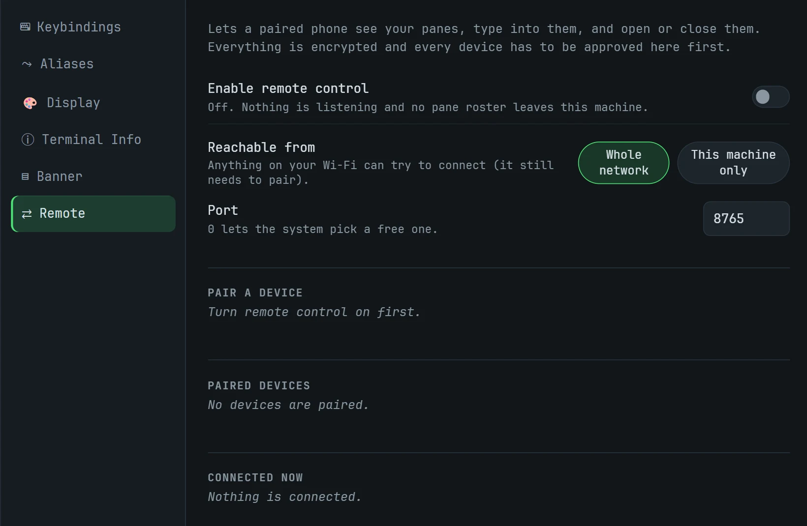 The Remote settings panel with remote control switched off and no paired devices.