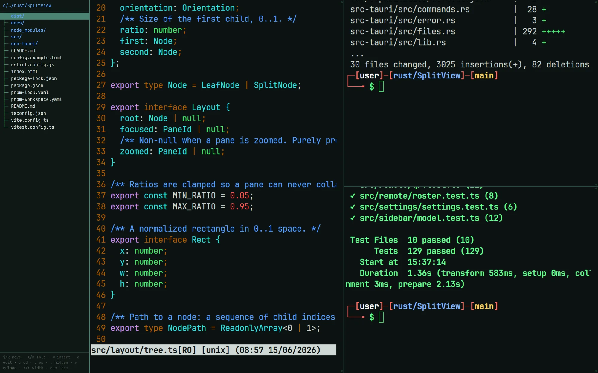 The file sidebar open beside three terminal panes, with the src folder expanded.