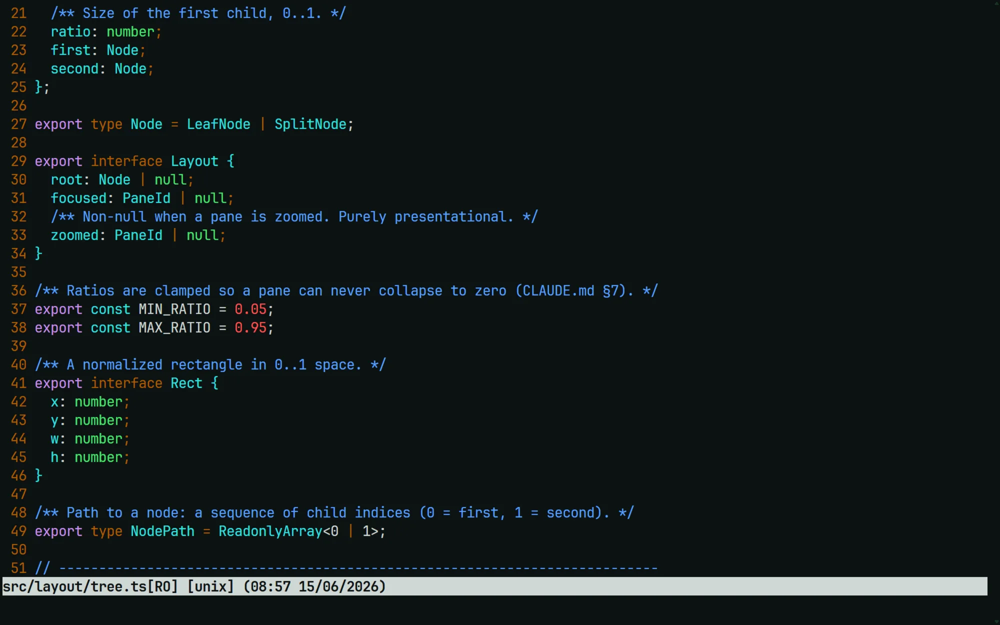 One pane zoomed to fill the SplitView window, showing a source file in vim.